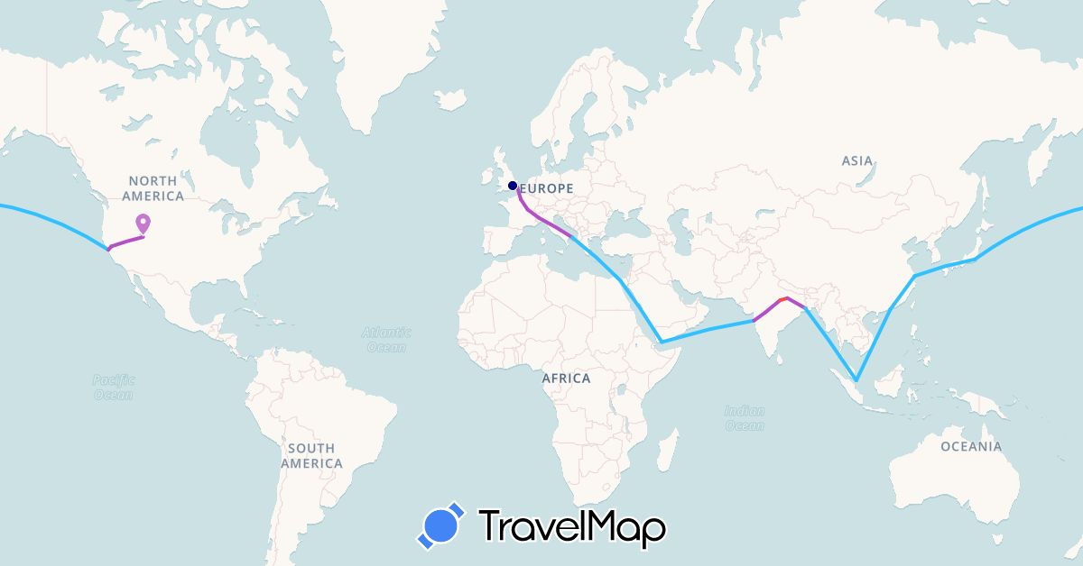 TravelMap itinerary: driving, train, hiking, boat in China, Egypt, France, United Kingdom, India, Italy, Japan, Singapore, United States, Yemen (Africa, Asia, Europe, North America)